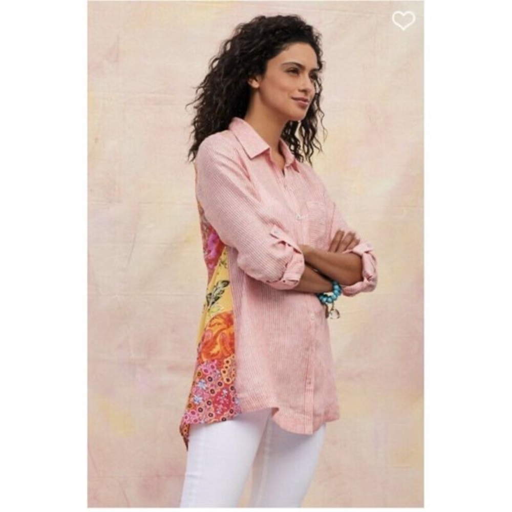 Soft Surroundings Galina Stripe Floral Linen Button Down Tunic Size Medi…